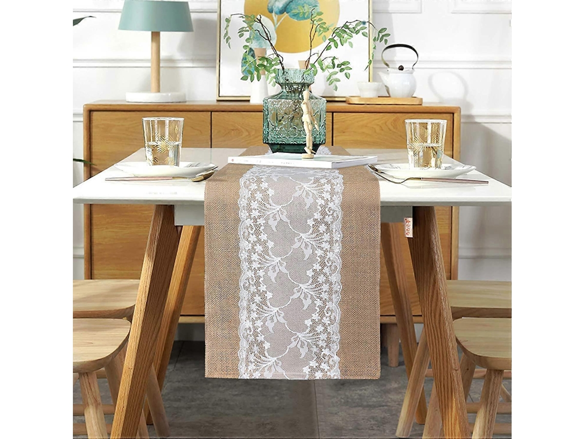 Rebe mantel de Mesa Vintage 30x275 Cm Con Encaje Blanco Hecho de Yute Natural Khaki para Bodas Y Eventos