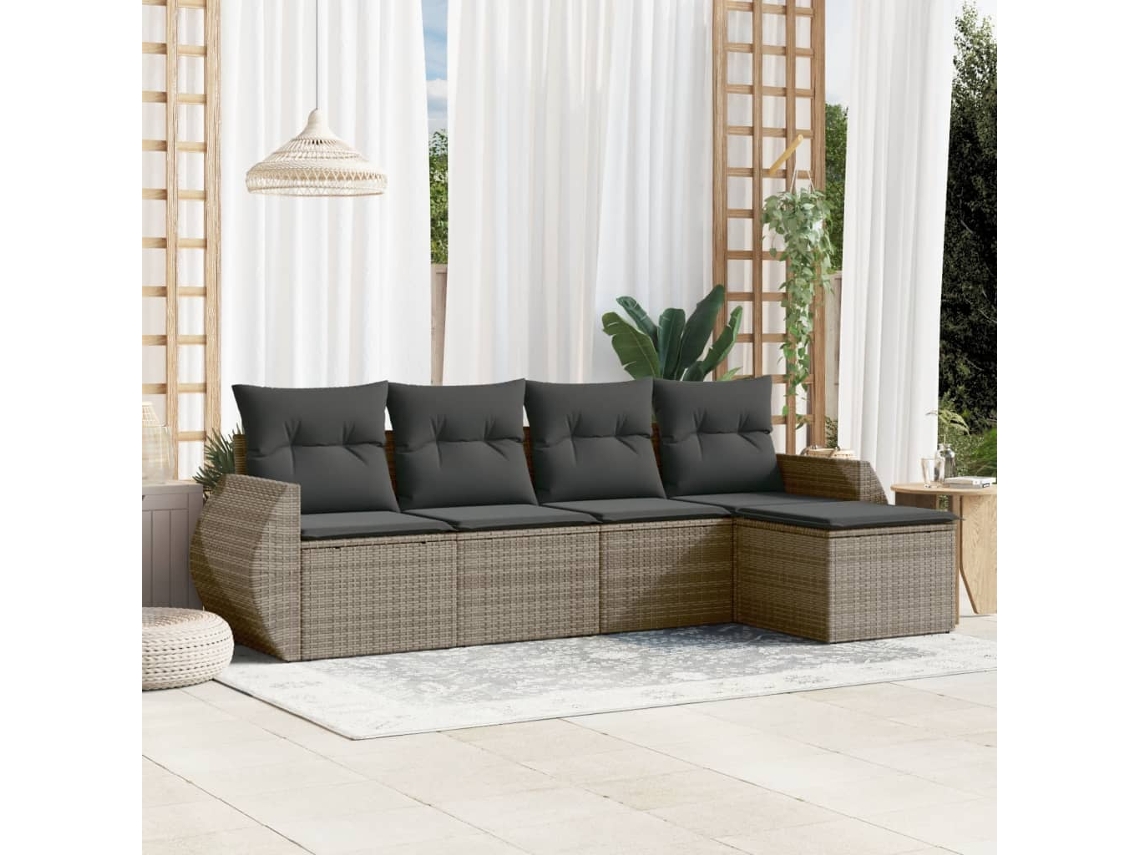 Vidaxl 5 Pcs Conjunto Sofás De Jardim C/ Almofadões Vime Pe Cinzento