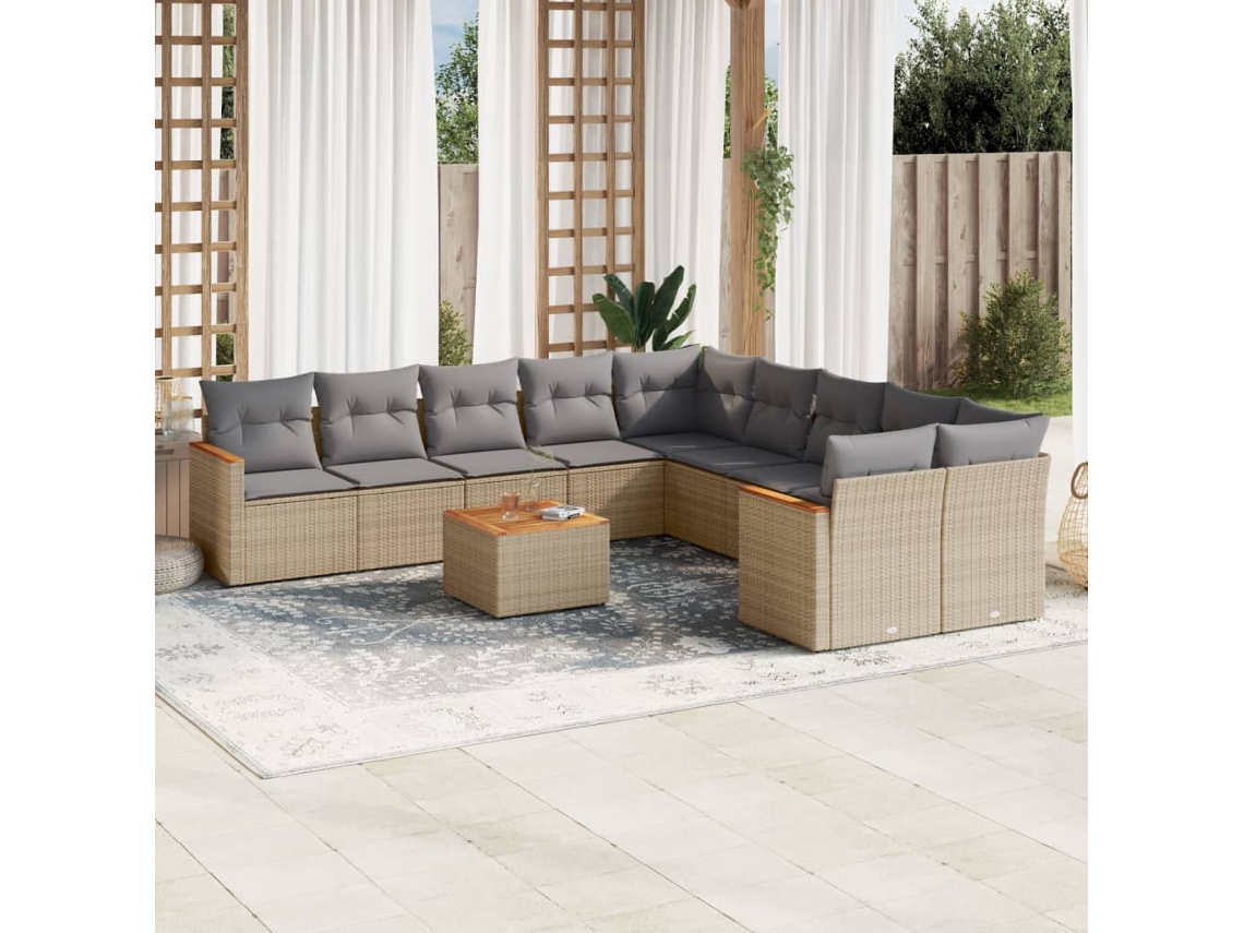11 Pcs Conjunto Sofás De Jardim C/ Almofadões Vime Pe Bege Dkd Home Decor