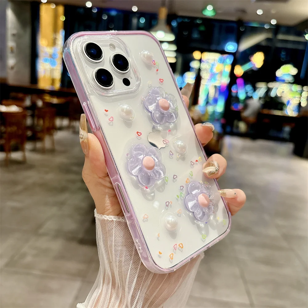 Capa De Celular 3d Com Estampa De Flor Fofa (iphone 14, Roxa), Compatível Com Iphone, Capa Protetora À Prova De Choque.