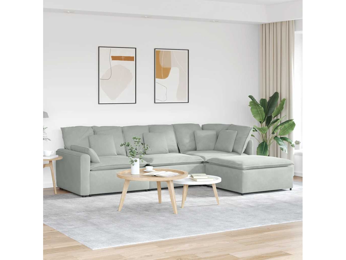 Vidaxl Sofá Modular Com Pufes E Almofadas Veludo Cinzento-claro