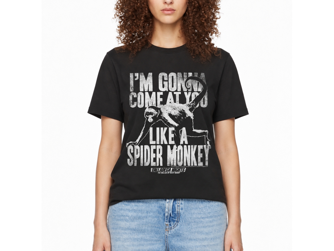 Camiseta preta Rockinstone Talladega Nights Movie Like A Spider Monkey para adultos - Estilo exclusivo de designer