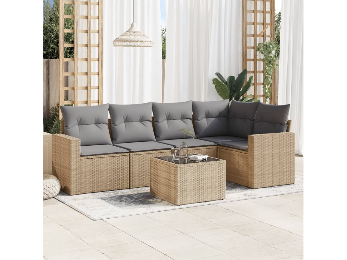 Vidaxl 6 Pcs Conjunto De Sofás P/ Jardim Com Almofadões Vime Pe Bege