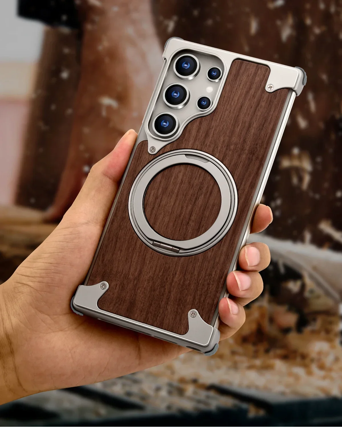 Capa Para Celular (natural Galaxy S25 Ultra) Em Madeira Maciça, Compatível Com Magsafe E Suporte Giratório De 360°.