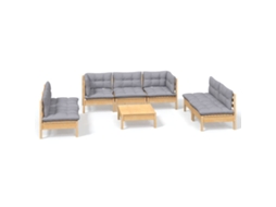 Conjunto de 8 Lounge de Jardim com Almofadões Cinza Pinho Maciço MAISON EXCLUSIVE