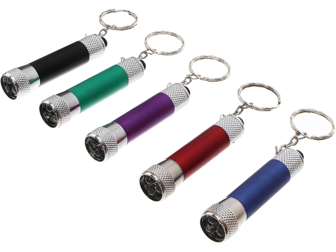 Conjunto de 5 chaveiros com lanterna LED de alumínio, cores sortidas
