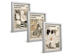Conjunto De Pinturasflores Retrô De Cidades Do Mundo Moldura Prateada Quadros Para A Sala De Estar Espelharte (3 Peças 20x30 Cm)
