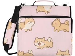 Pasta Escolar Com Zíper E 3 Argolas, Estampa De Shiba Inu Cachorro Desenho Animado, Rosa, Inclui Bolso Com Zíper, Bolsa