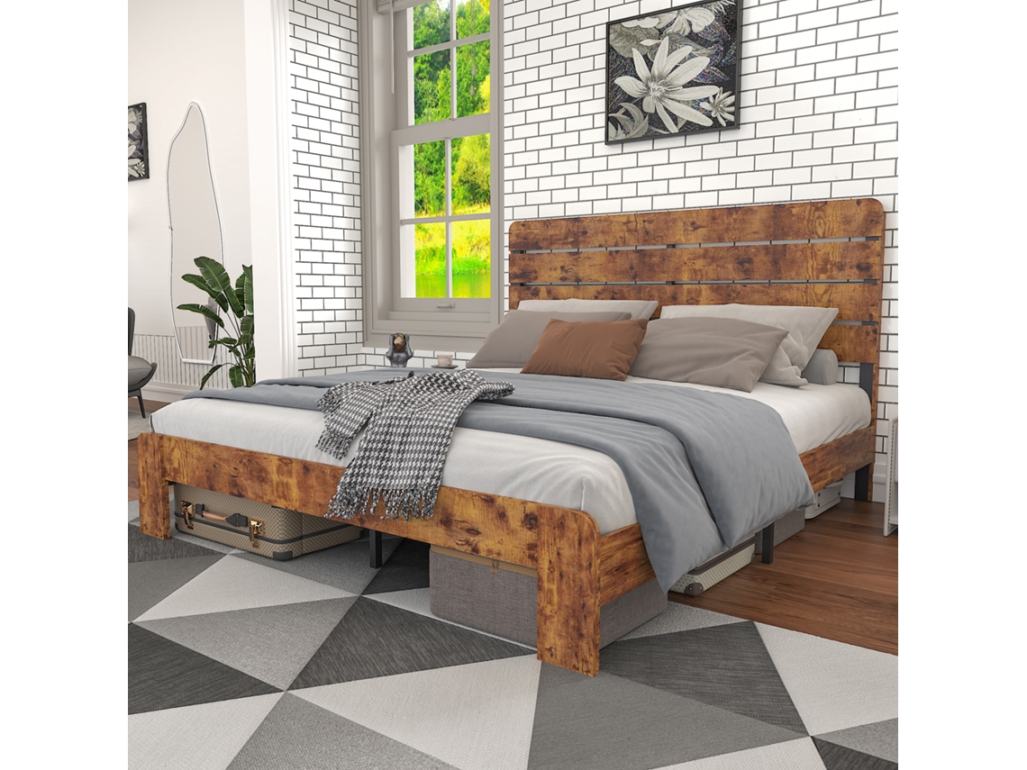 Cama Casal Madeira 140x200cm Vintage, Ripas Ferro, Cabeceira Alta.-op