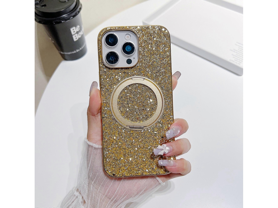 Capa Magnética Tkdaddy Para Iphone 16 Pro Max Com Suporte, Tpu Galvanizado Com Glitter E Capa De Pc Dourada
