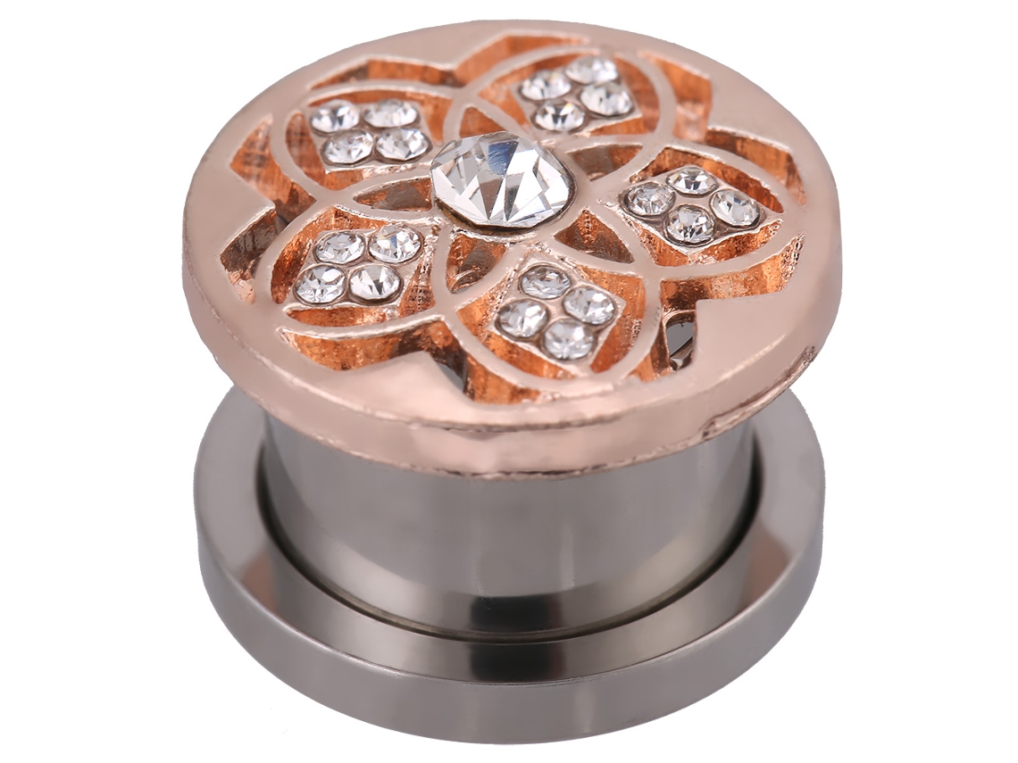 Plug De Ouvido De Aço Inoxidável Strass Flor E Holes
