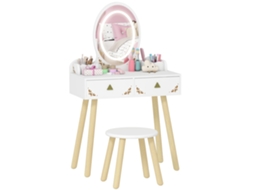 Penteadeira infantil com espelho de LED, 3 cores e banco 60x30x99,3 cm branco S/MARCA