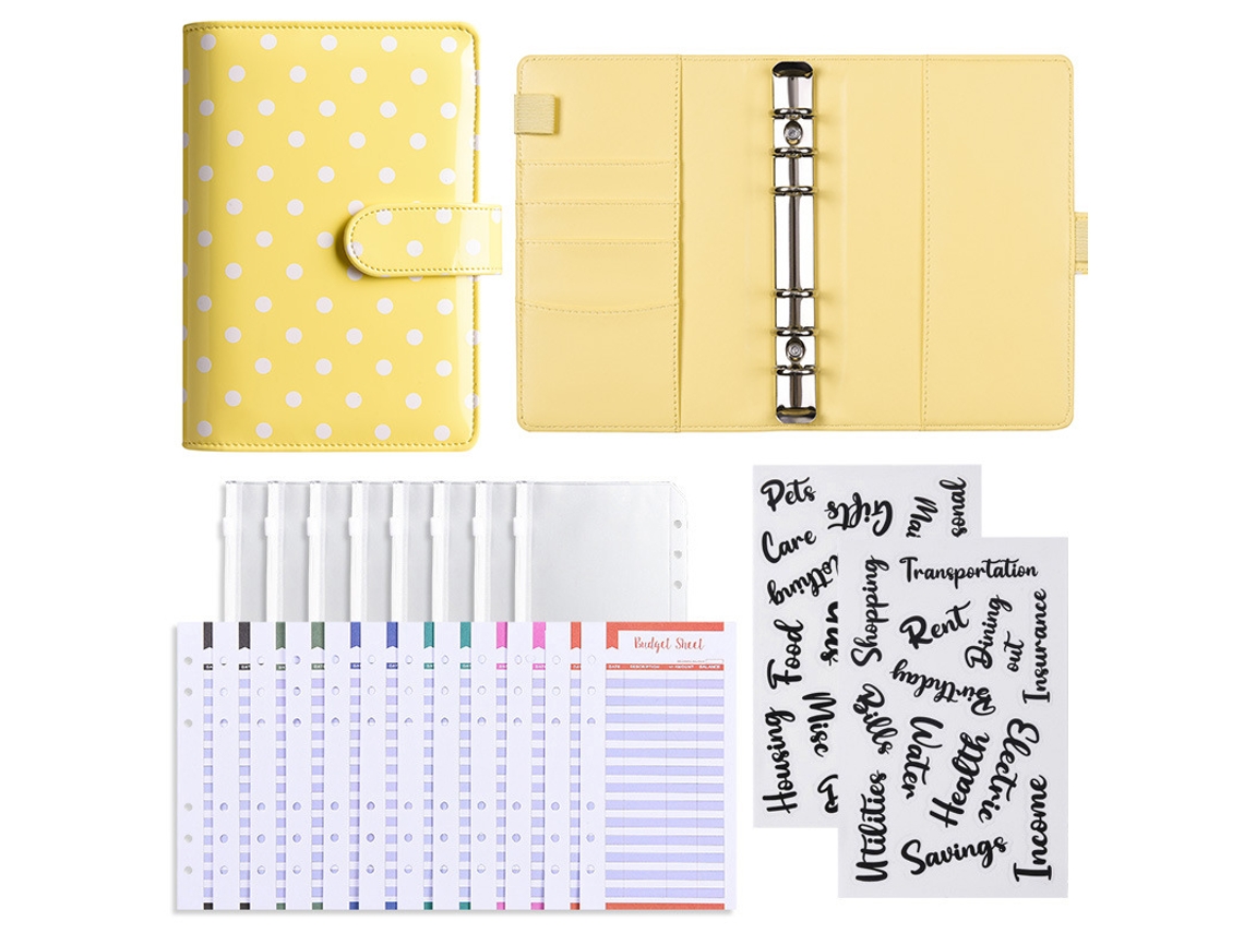 Creative Round Polka Dot A6 Binder Budget Notebook Yellow 12-budget Cards + 8-zipper Bags 2-word Stickers