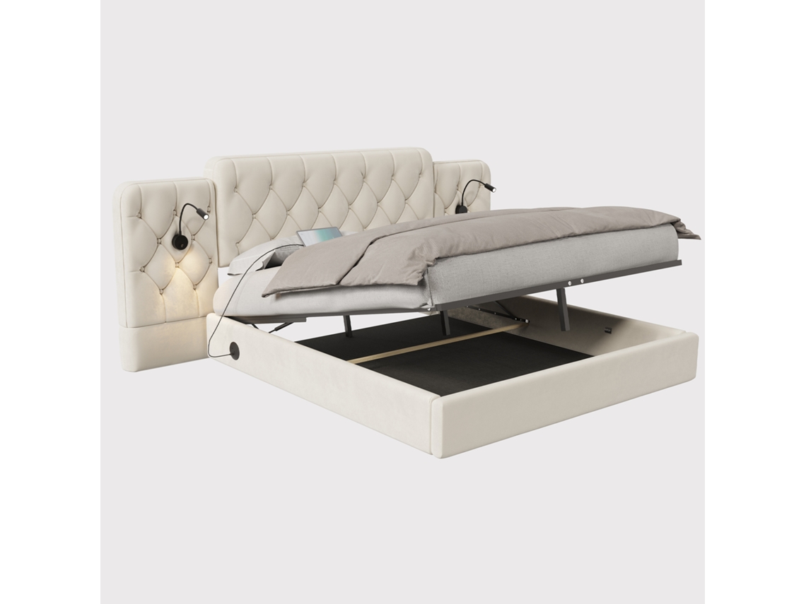 Cama de Casal ROLIPO com Sistema Hidráulico e Portas Usb 180x200 Cm Bege