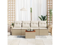 Conjunto De Sofá De Jardim De 5 Peças Com Almofadas Bege Rattan Poliéster Acácia Wsd842997 Lovely Home