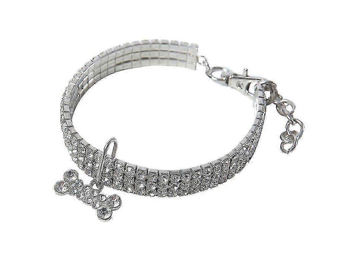 Colar De Elástico Para Pets Com 3 Fileiras De Cristais E Strass, Visual Glamorosocolourwhite