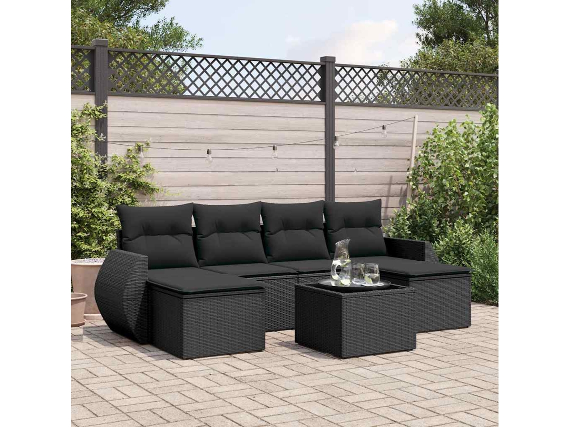 Vidaxl 7 Pcs Conjunto De Sofás P/ Jardim C/ Almofadões Vime Pe Preto