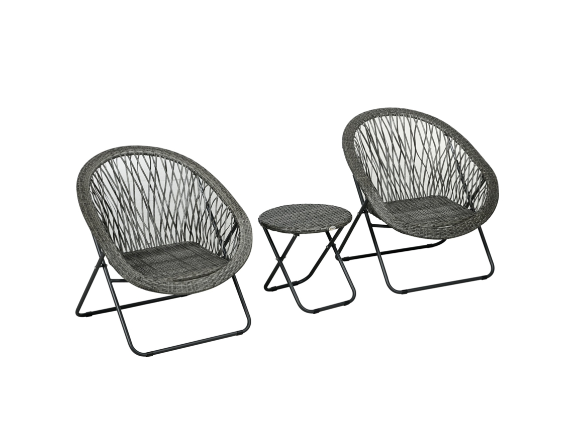 Conjunto de Móveis de Jardim em Resina para Exterior, Mesa e Cadeiras para 2 Pessoas, Mesa e 2 Poltronas Dobráveis, Cinza CHEZMOI