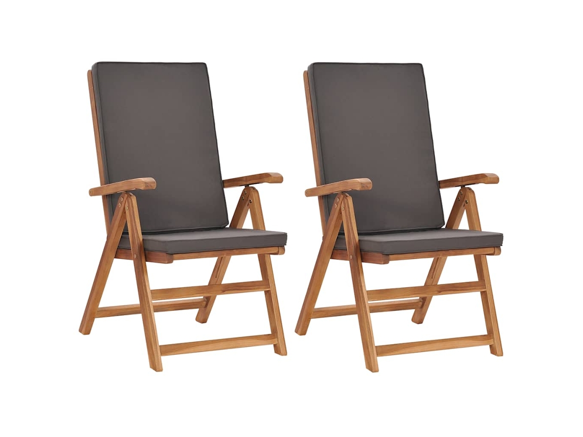 Cadeiras Jardim Reclináveis Almofadões 2pcs Teca Maciça Cinza Dkd Home Decor