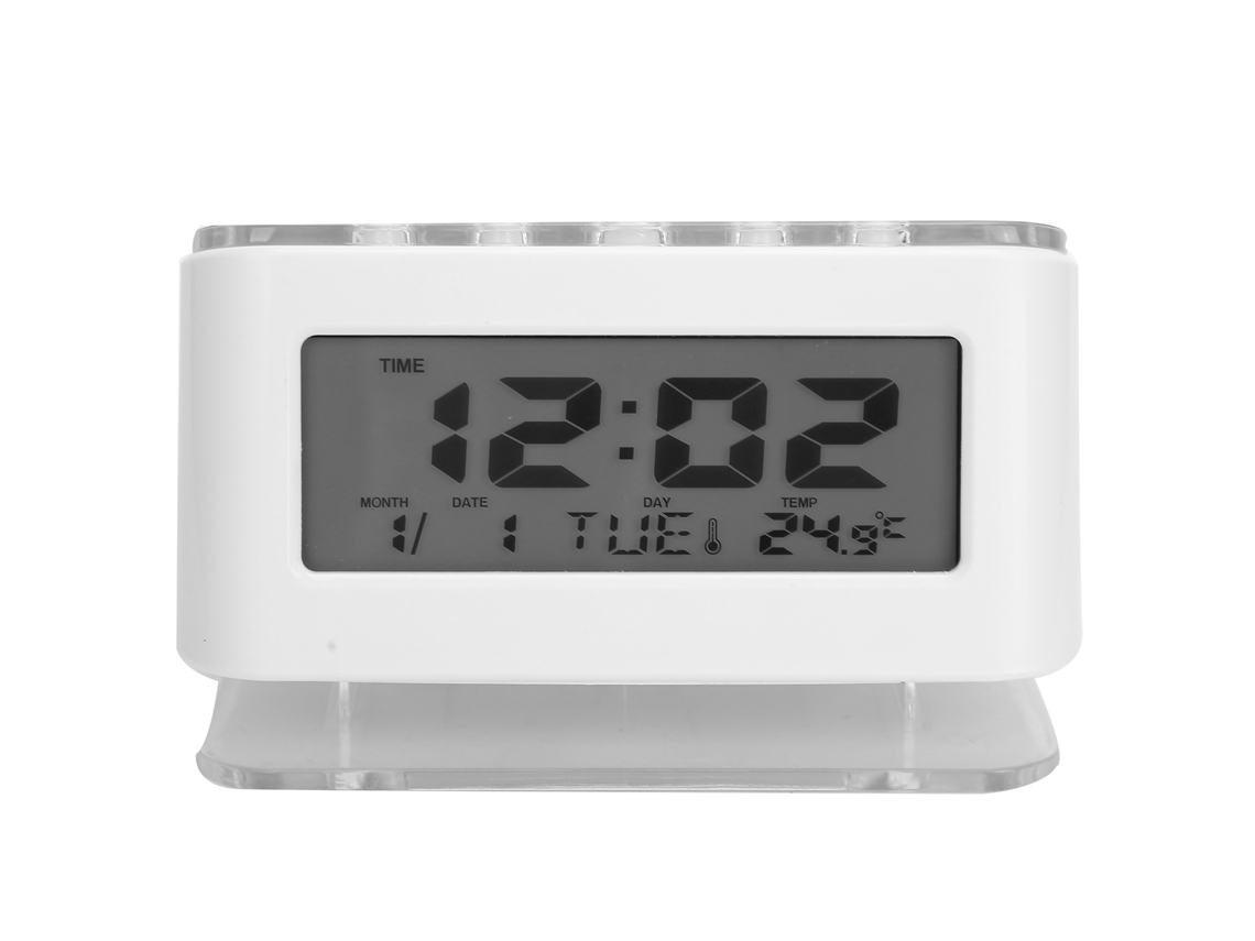 Relógio LCD com alarme silencioso, visor digital, luz de fundo, temporizador e cronômetro regressivo para mesa.