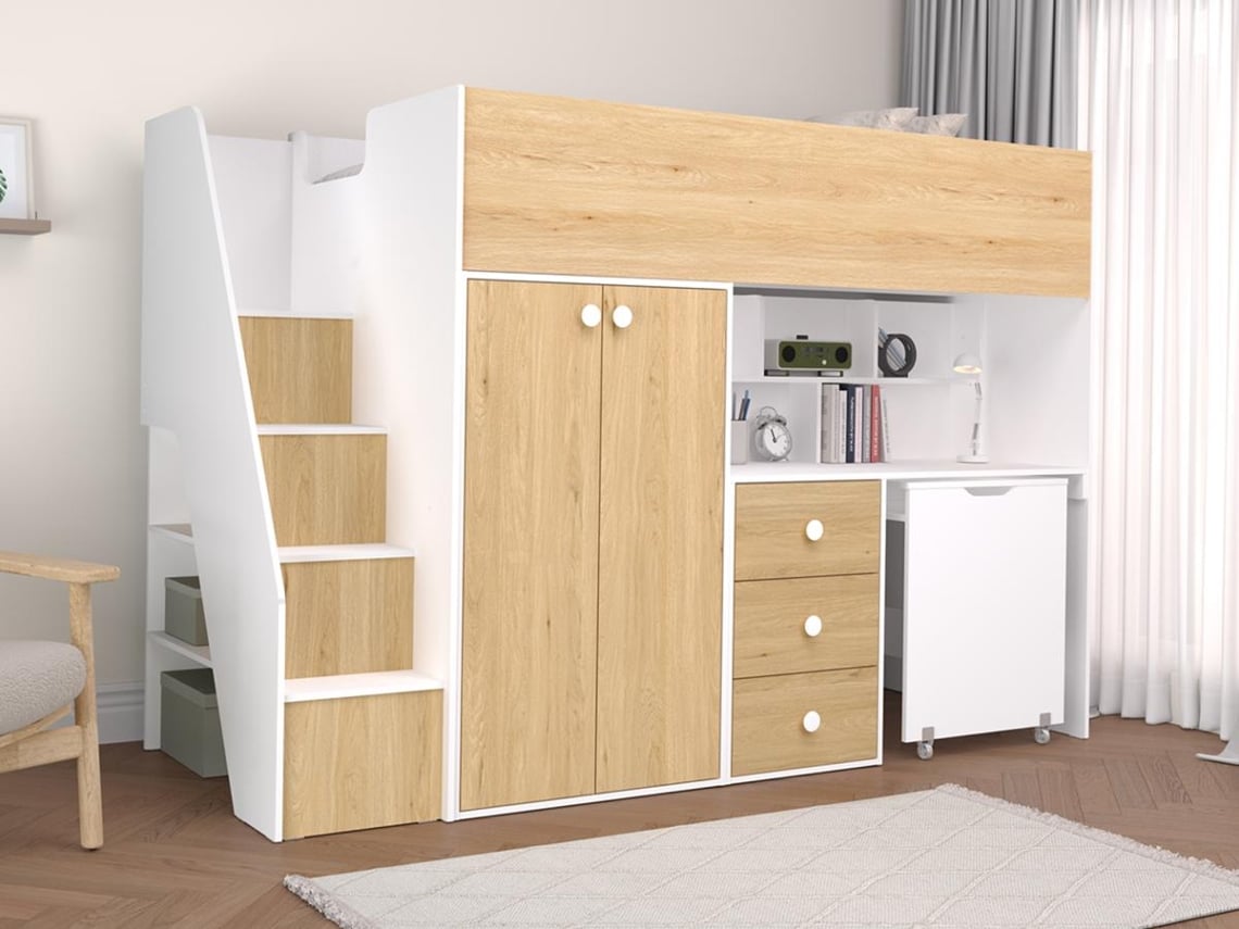 Cama Alta Lanilato VENTE-UNIQUE.PT Natural Claro, Branco - Sem Colchão - Com Estrado