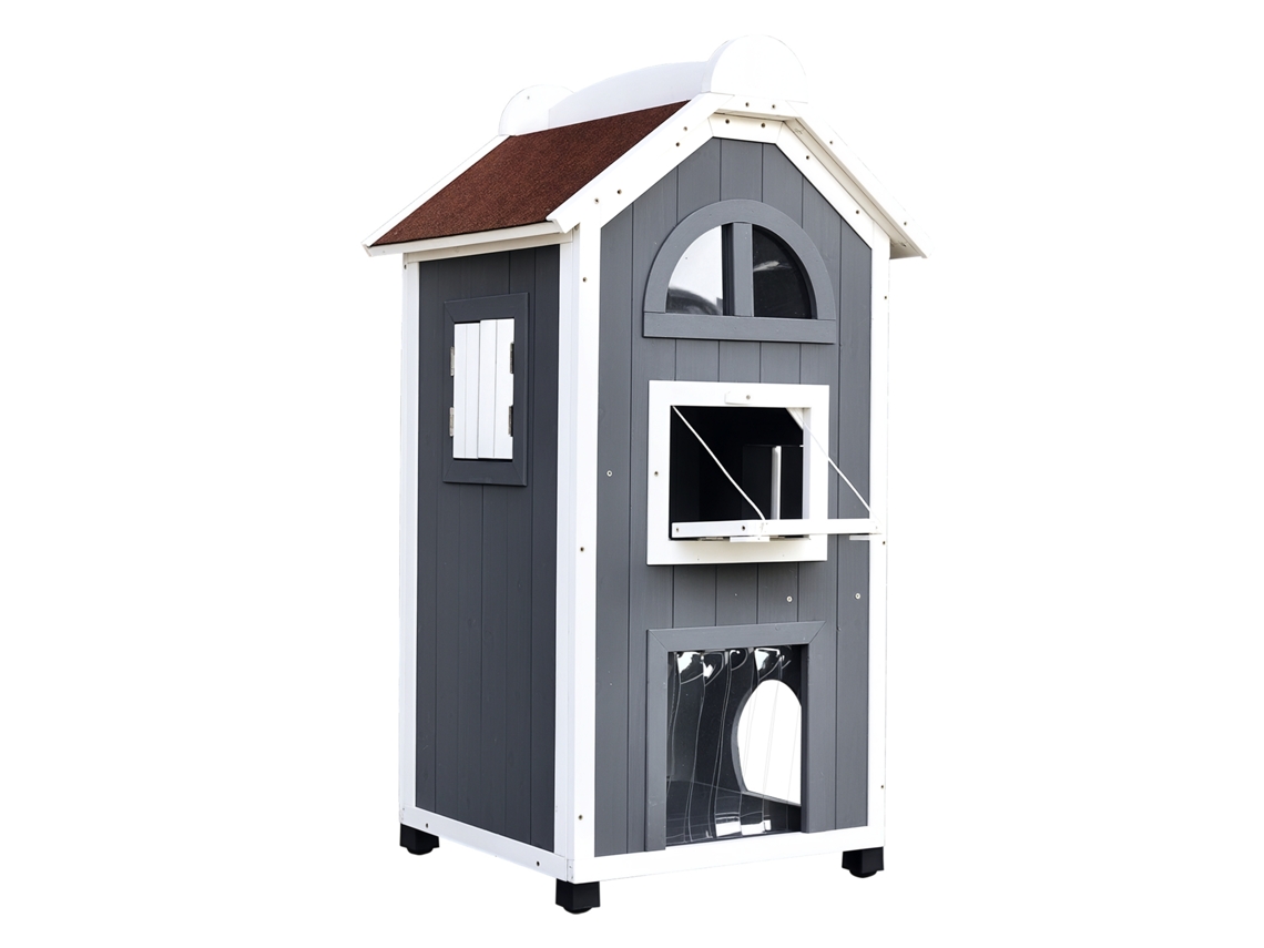 Casa de Gatos em Madeira de Abeto, Serve como Cama e Caixa de Areia, Telhado Asfáltico, 59x55x109 Cm, Cinza