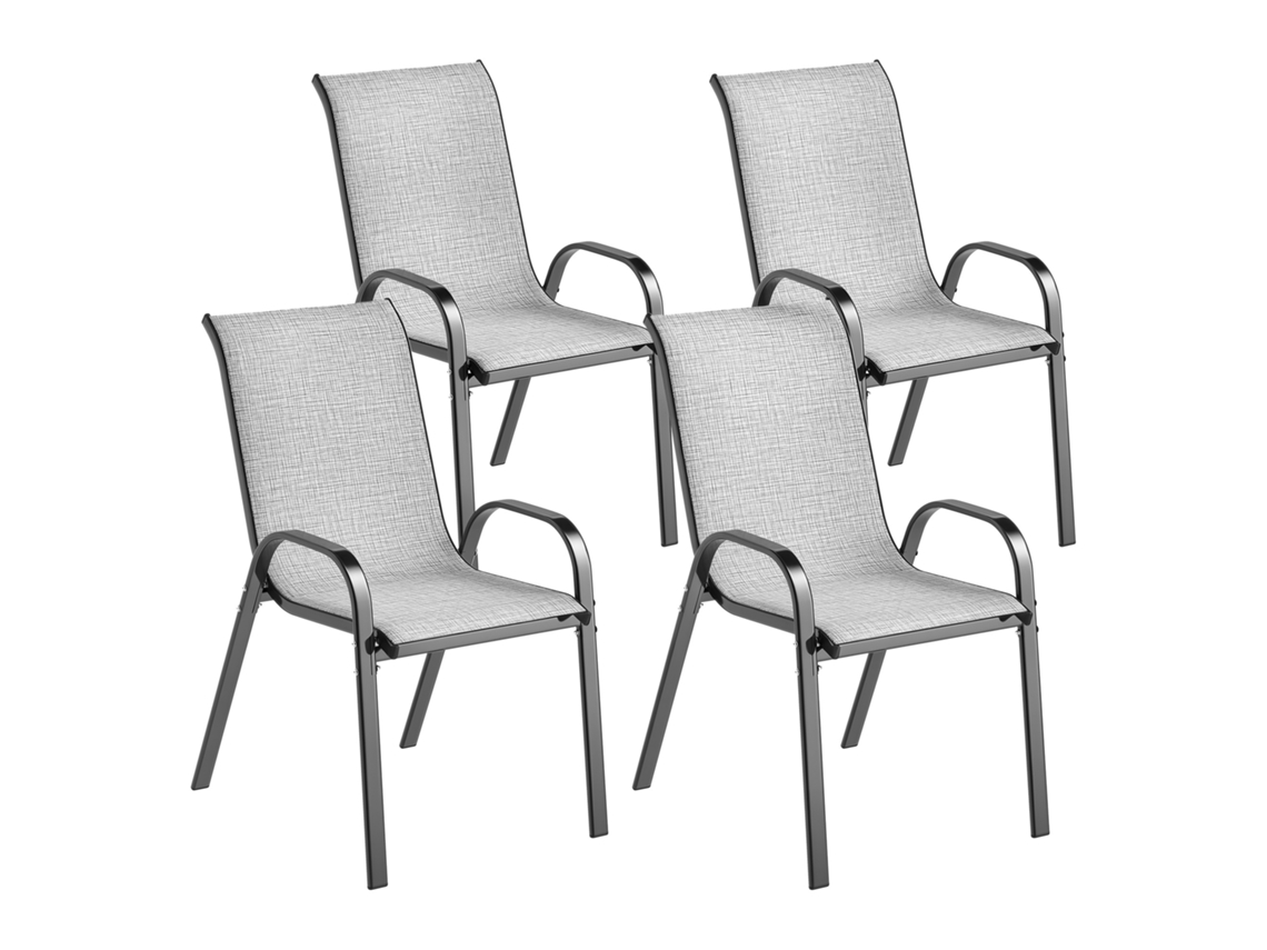 Conjunto De 4 Cadeiras De Jardim Empilháveis Com Apoios De Braço Curvos, Em Aço E Tecido Respirável, 54x71x93 Cm, Cinza.
