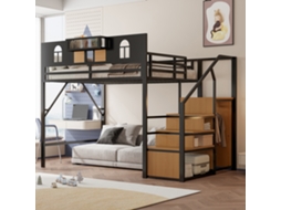 Cama Elevada De Metal 140x200cm Com Armazenamento Janela E Prateleira