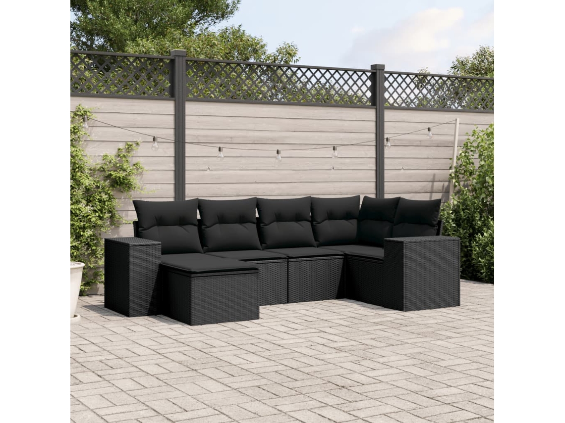 Vidaxl 6 Pcs Conjunto Sofás De Jardim C/ Almofadões Vime Pe Preto