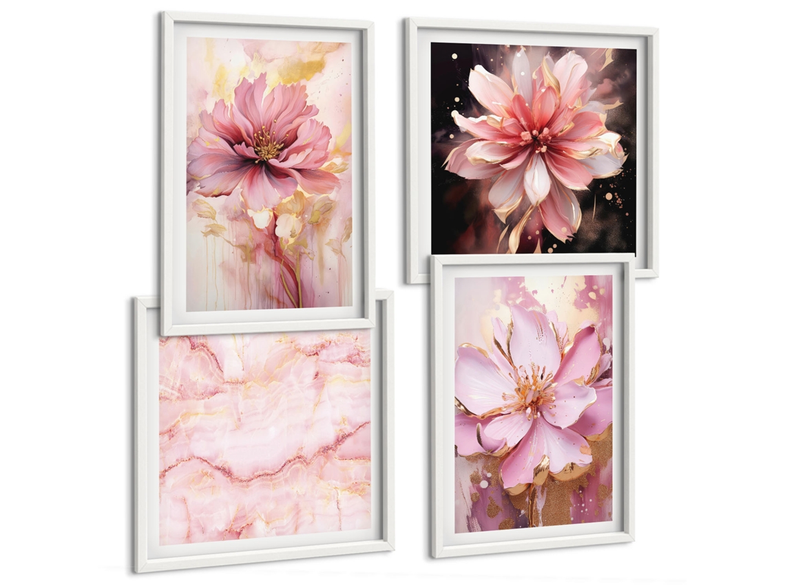Composição De Quadros Composições Florais Em Tons De Rosa E Branco Moldura Branca Quadros Para O Escritório Espelharte (conjunto De 4 Imagens)