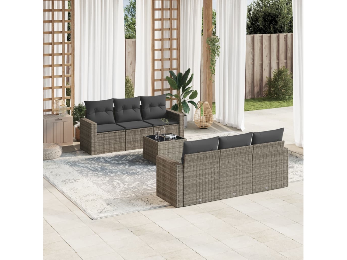 Vidaxl 7 Pcs Conjunto Sofás P/ Jardim C/ Almofadões Vime Pe Cinzento