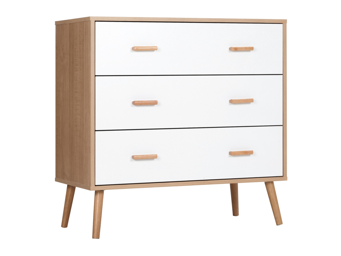 Cômoda De Madeira Com 3 Gavetas Pernas Elevadas E Branco Natural 80x39x80 Centímetros