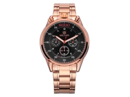 Relógio de pulso analógico de quartzo Megir Fashion Style à prova d'água com pulseira de aço em ouro rosa e mostrador preto.