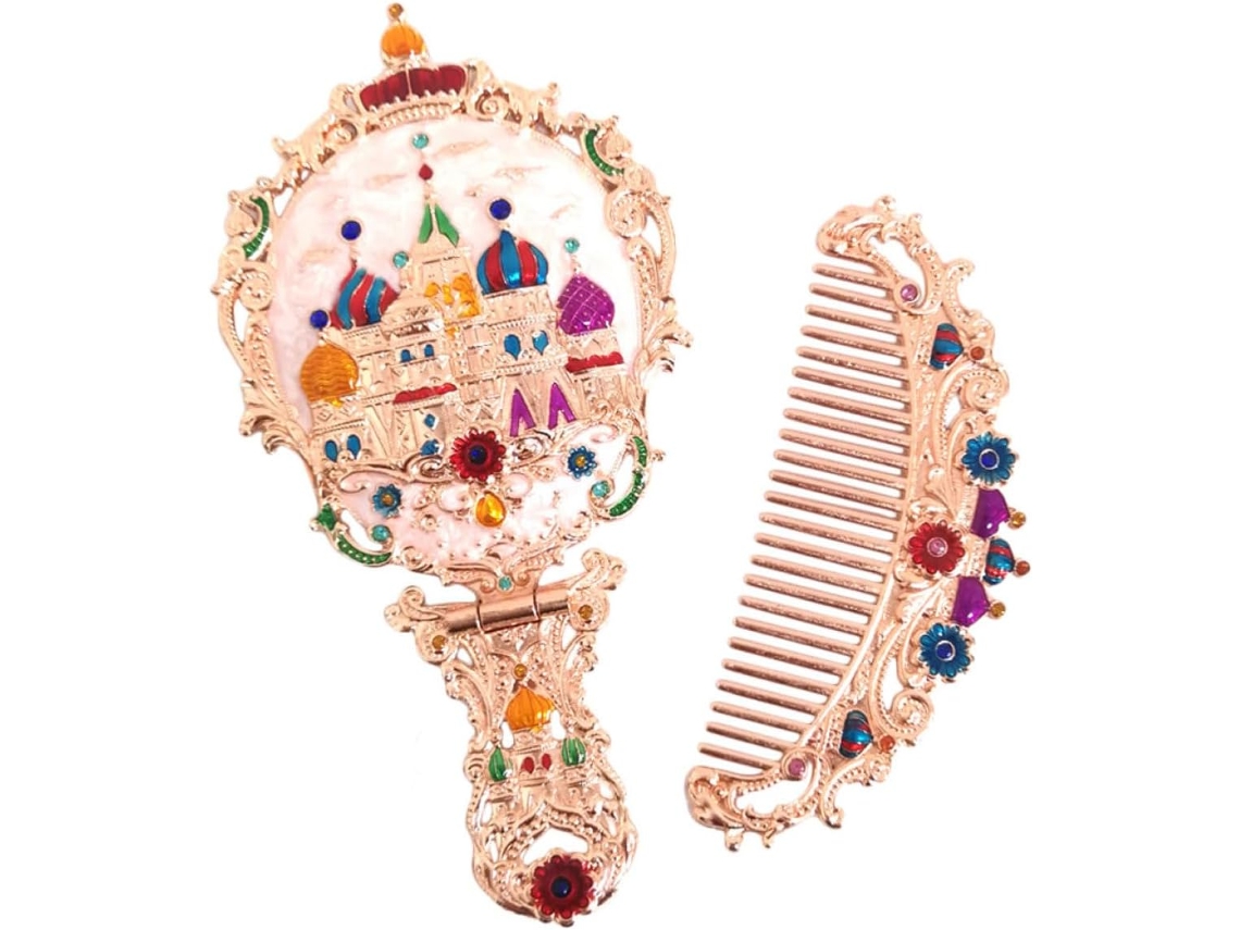 Espelho de Maquiagem Portátil Dobrável Vintage com Alça de Metal Retrô em Tom Rosé, Mini Compacto. CHABERLU