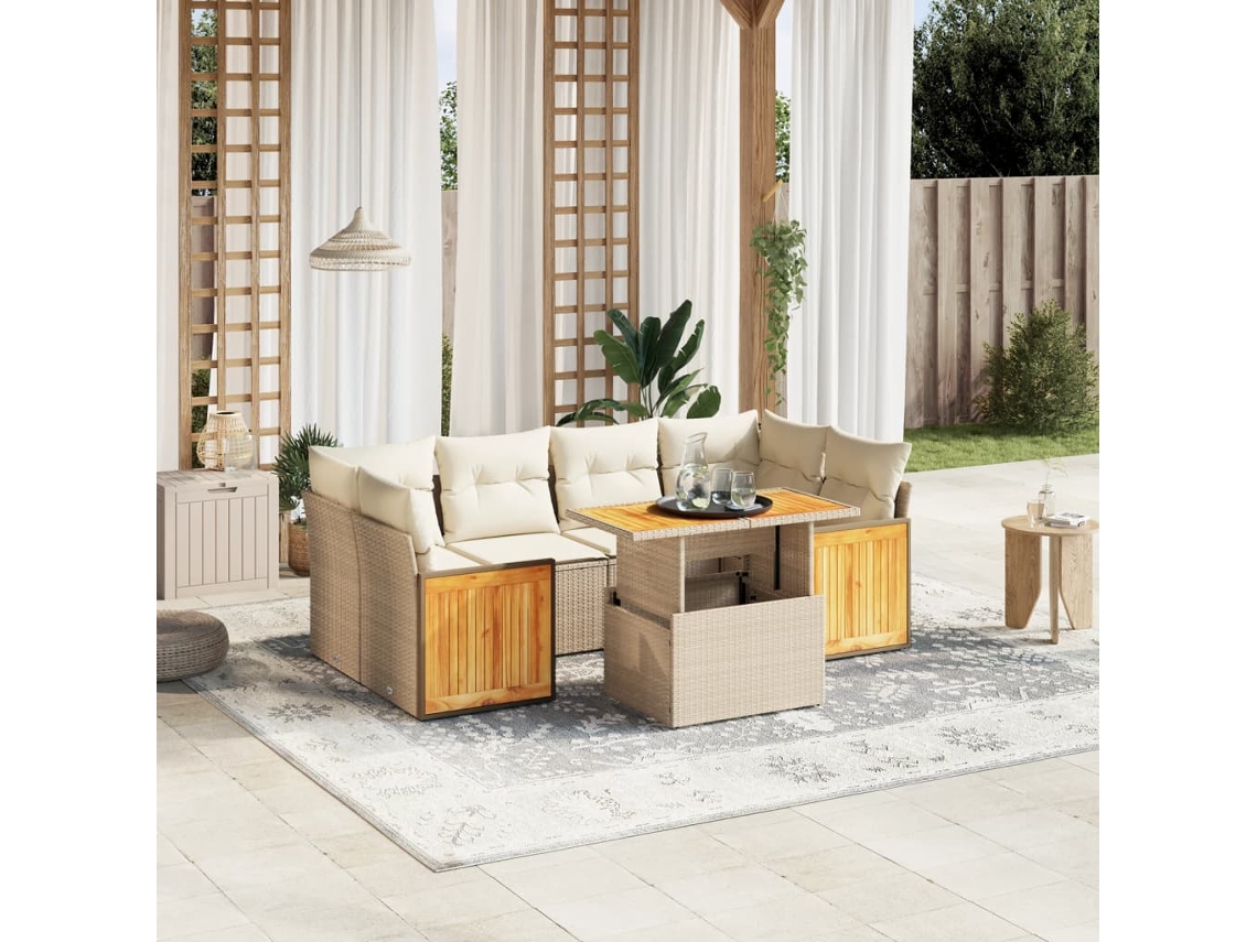 Vidaxl 7 Pcs Conjunto De Sofás P/ Jardim Com Almofadões Vime Pe Bege