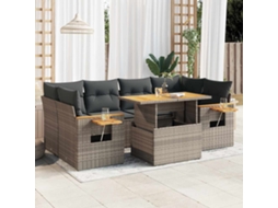 Vidaxl 7 Pcs Conjunto Sofás Jardim Almofadões Vime Pe/acácia Cinzento