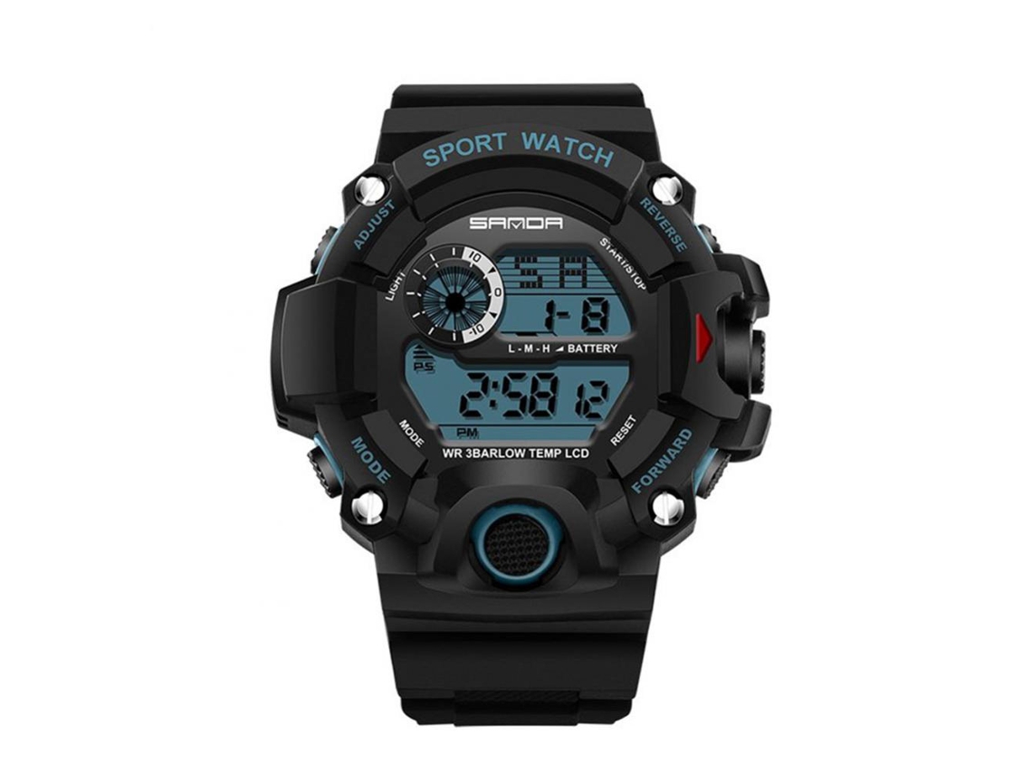 Pulseira de relógio eletrônico digital multifuncional à prova d'água Sanda (preto e azul)