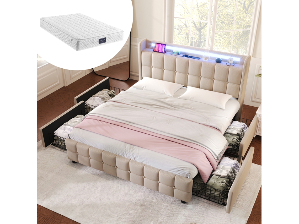 Cama Casal 140x200cm Usb Led Gavetas Colchão Bege