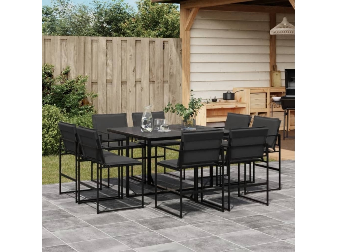 Conjunto 9 Peças De Jantar Para Jardim C/ Almofadões Textilene Preto Dkd Home Decor