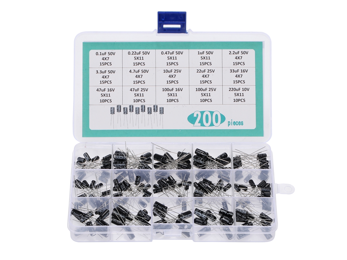 Kit de 200 Peças de Capacitores Eletrolíticos 15 Valores com Caixa