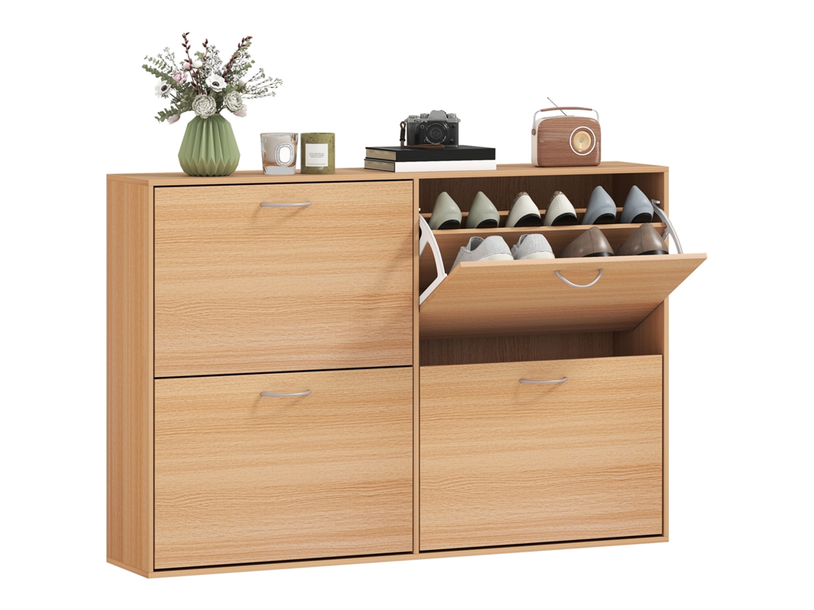 Sapateiro Estreito com 4 Portas Prateleiras Ajustáveis para 16 24 Pares de Sapatos 120x24x81 Cm Naturais op