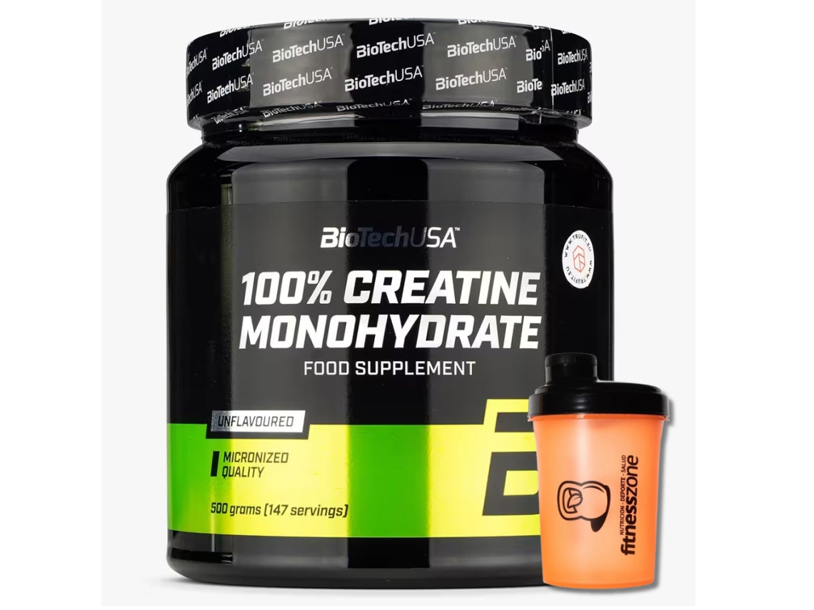 100 Creatina Monohidratada 500 Gr - Neutro com oferta de Shaker Fitnesszone BIOTECHUSA