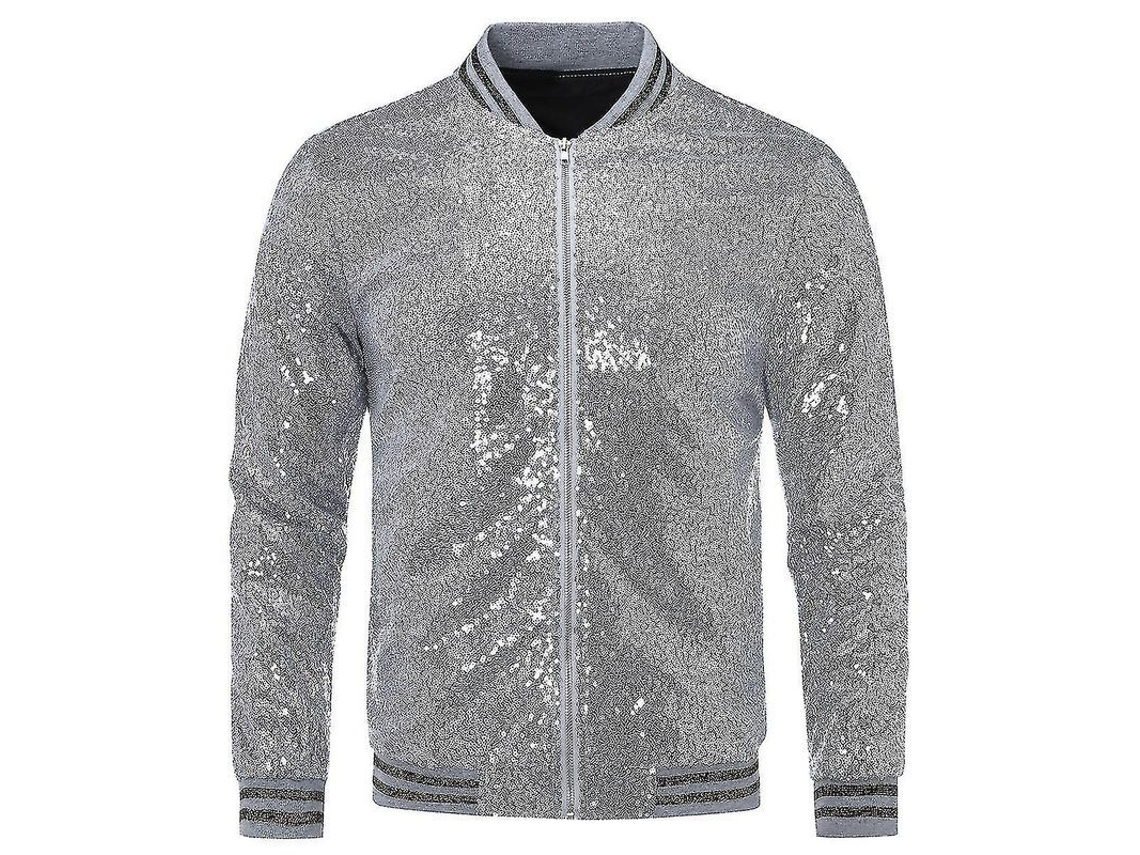 Jaqueta masculina casual de lantejoulas, modelo bomber com zíper, ideal para festas em 2026.