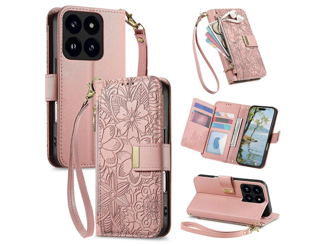 Capa Carteira De Couro Com Zíper, Estampa De Flores E Folhas, Com Alça, Para Xiaomi 14t Pro
