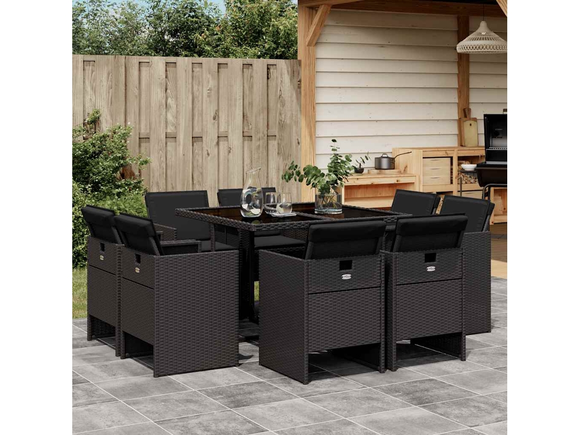 Vidaxl 9 Pcs Conjunto De Jantar P/ Jardim C/ Almofadões Vime Pe Preto