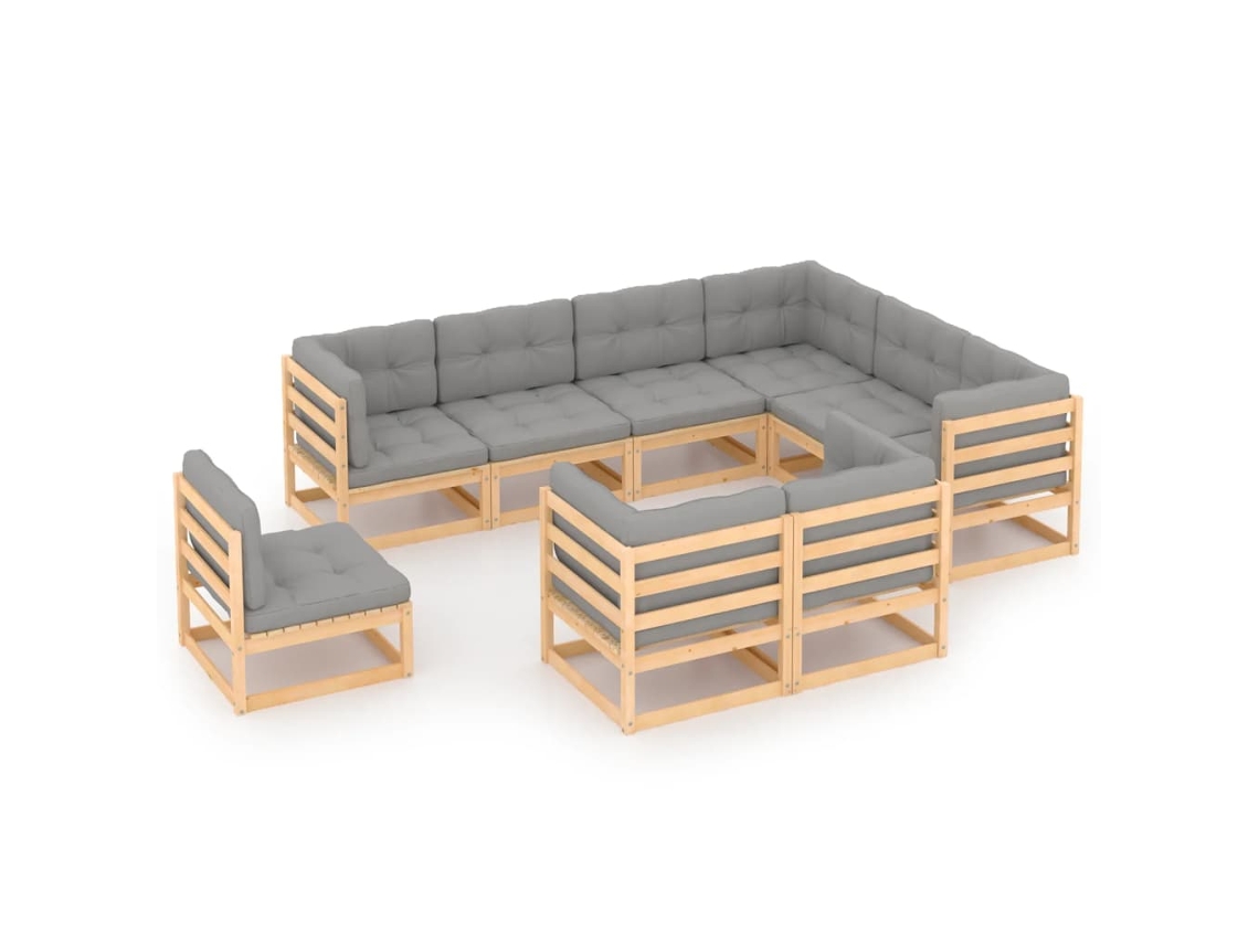 Conjunto Lounge Jardim 9 Peças C/ Almofadões Pinho Maciço Dkd Home Decor