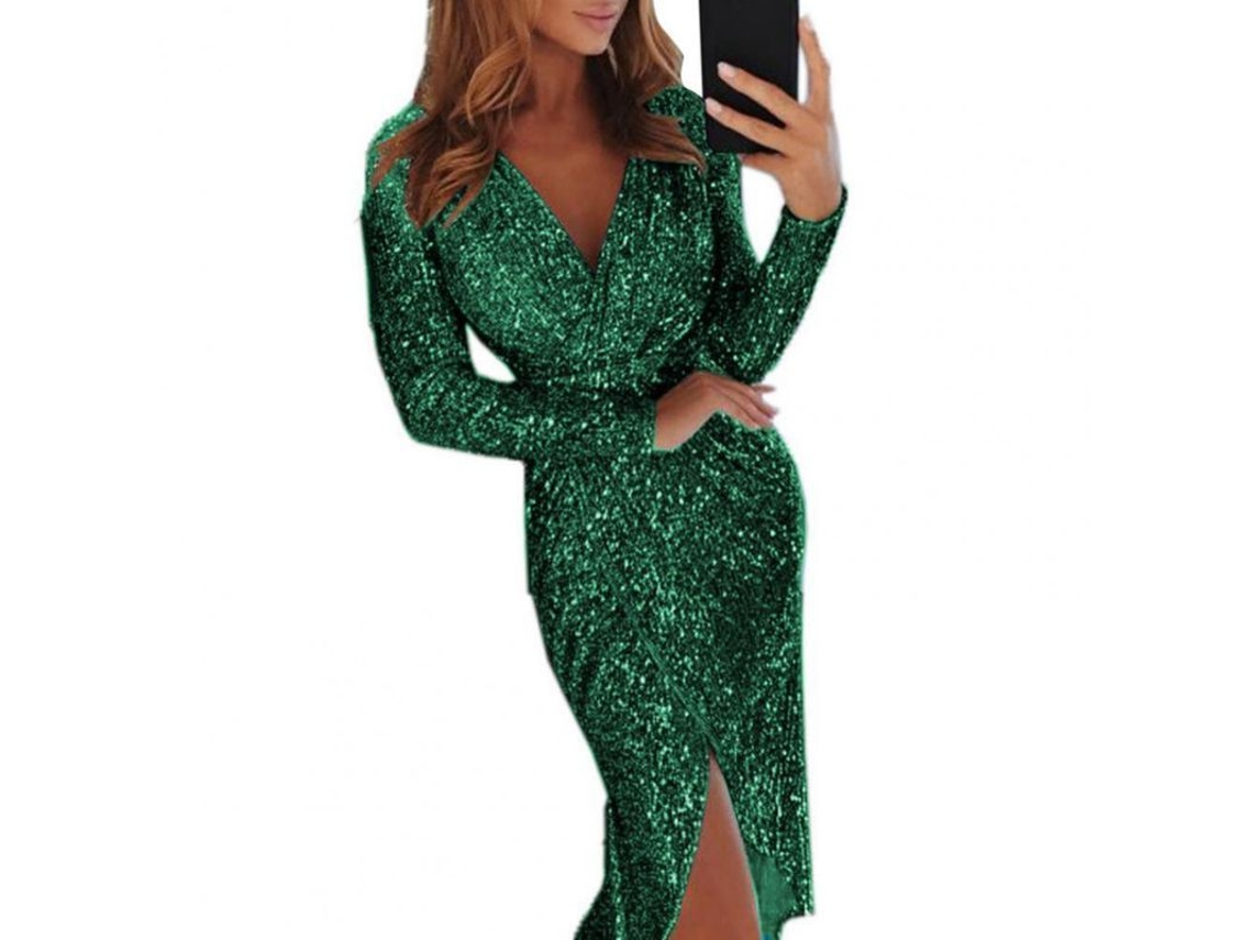 2026 vestido Midi Sexy para Mulher com Decote V, Cintura Alta e Strass, Ajustado e Manga Longa L Verde