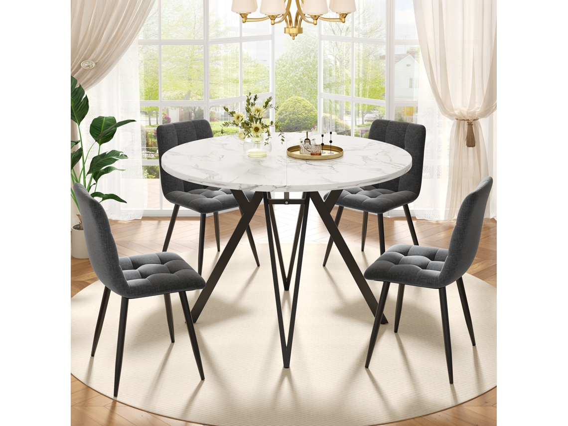 Conjunto Jantar 5pç, Mesa Redonda 100cm Mármore + 4 Cadeiras Linho Cinza, Pernas Pretas. Cs