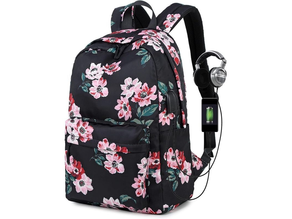 Mochila feminina S/MARCA 2026 floral, estilo retrô, com porta USB, resistente à água