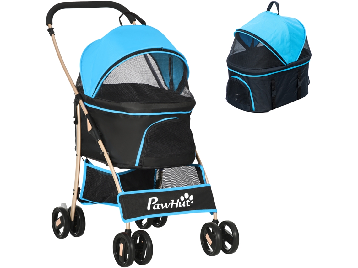 Carrinho de bebê dobrável com 2 coleiras, almofada, aço/têxtil, 82x49,5x98cm, Azul/preto